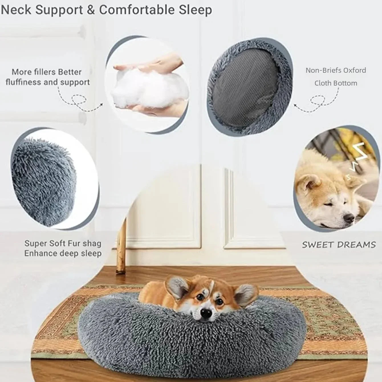 Soft Round Pet Bed for Medium & Large Dogs  Winter Warm Plush Sleeping Mat